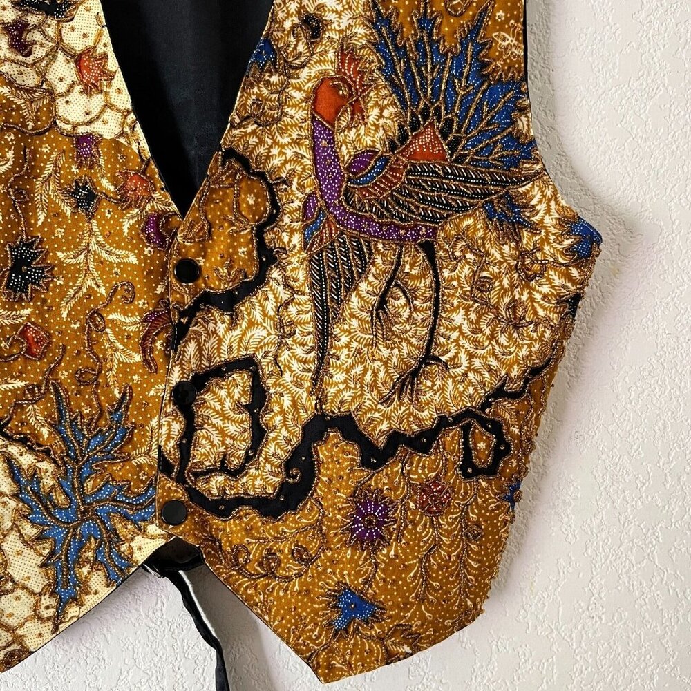 Vintage Bali Chic Beaded Batik Vest Medium Indonesian Top Embellished Boho Artsy - Picture 3 of 7